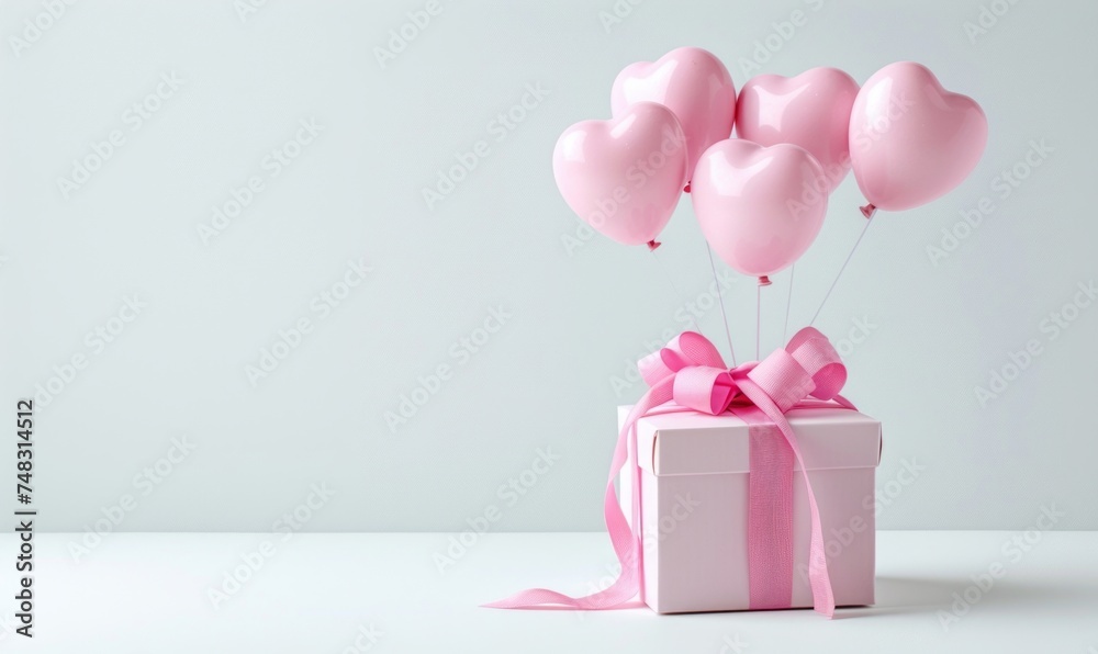 Pink Gift Box with Heart-Shaped Balloons and Copy Space Generative AI