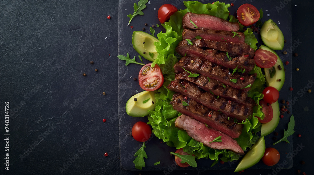 Sliced steak on salad greens