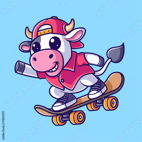 Cute cow playing skateboard and wearing a red hat