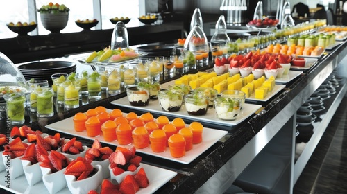 a buffet table filled with lots of different types of fruits and veggies on top of white trays.