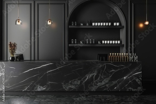 Elegant black marble countertop against a sleek black wall Offering a sophisticated and minimalist backdrop for product displays © Bijac