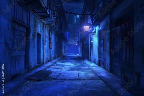 Empty Atmospheric street at night with dark blue tones and neon lighting. mysterious and urban theme