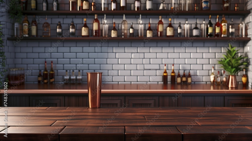 a wooden table sitting in front of a bar with bottles on the wall and a potted plant in front of it.