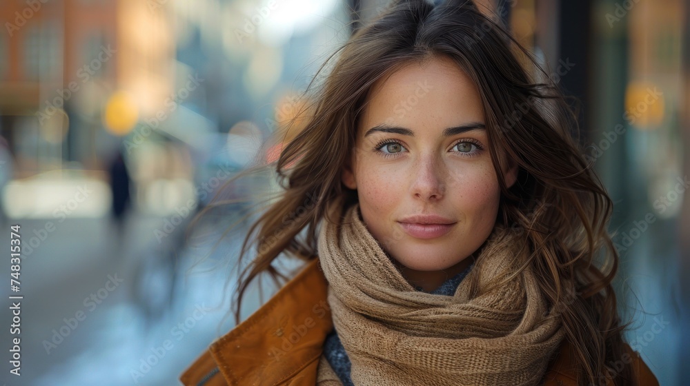 Female with scarf draped around neck in portrait Female with scarf draped around neck in portrait