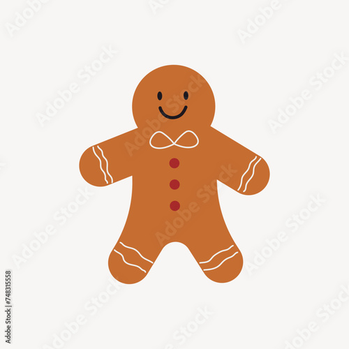 Flat vector illustration of a cute gingerbread man with icing decorations and a smiling face. Perfect for Christmas cards, holiday packaging, festive designs, and seasonal clipart collections.