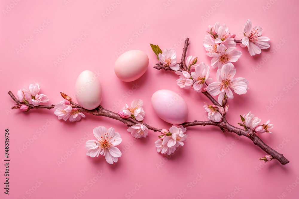 Happy Easter. A bouquet of cherry blossoms and colored Easter eggs on a pink background.Flat lay, copy space. Greeting card