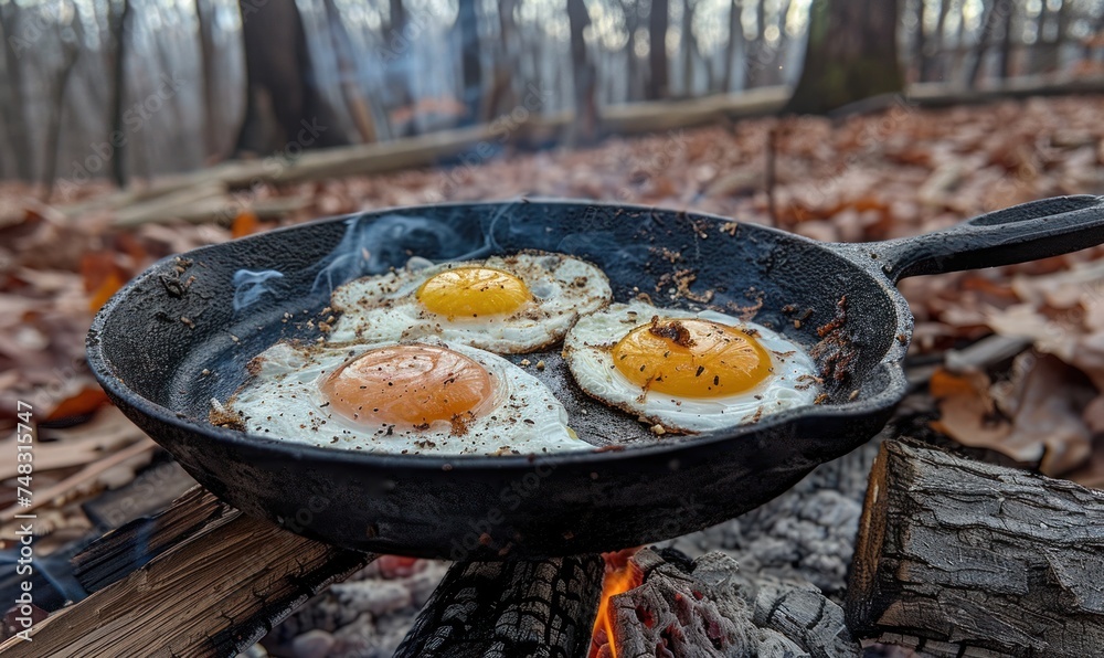 eggs fried in a cast iron skillet over a campfire eggs fried in a cast iron skillet over a campfire