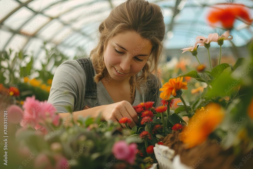 Gardener tenderly caring for a greenhouse full of vibrant flowers and plants Showcasing eco-friendly gardening practices Gardener tenderly caring for a greenhouse full of vibrant flowers and plants Showcasing eco-friendly gardening practices