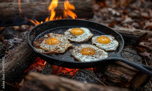 eggs fried in a cast iron skillet over a campfire