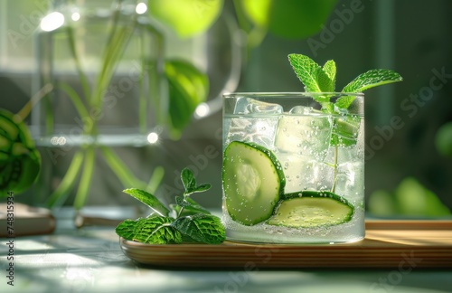 fresh cucumber water and an ice cube with mint leaves