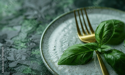 green foliage and gold fork on white plate