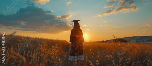 girl with graduation cap looking back at sunset