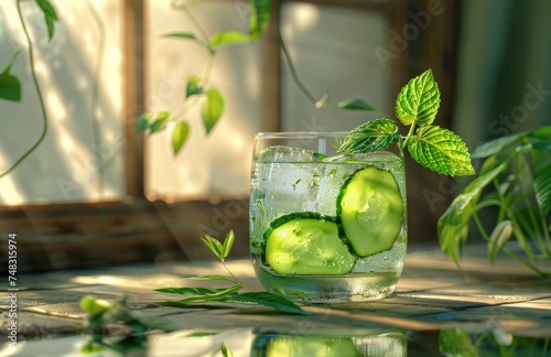 fresh cucumber water and an ice cube with mint leaves