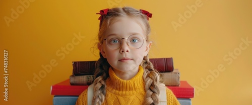 girl holding bunch of books head on orange