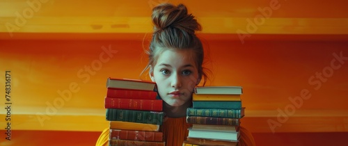 girl holding bunch of books head on orange
