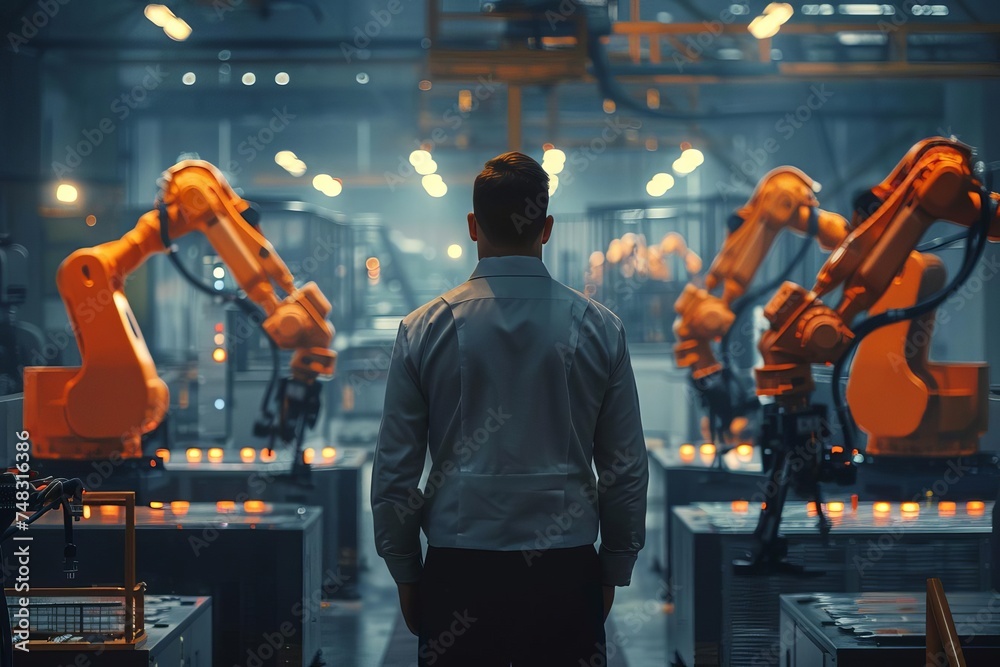 Fototapeta premium Industrial scene showing a manager overseeing automated machinery Emphasizing the integration of robotics in manufacturing efficiency