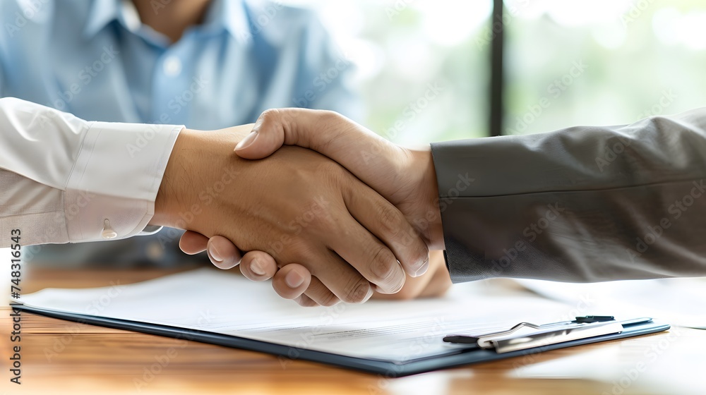 Business finance concept, teamwork and partnership asian businessman customer and salesman discussing client, hand sign sales contract with document at desk office. Lawyers working together at meeting