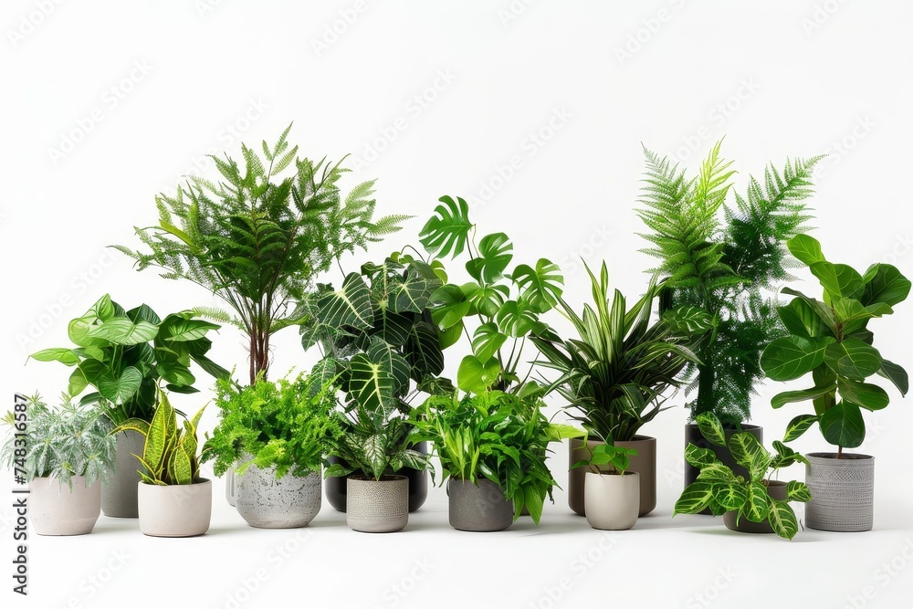 Lush indoor plant collection displayed against a clean white background Emphasizing the beauty and variety of houseplants in modern home decor