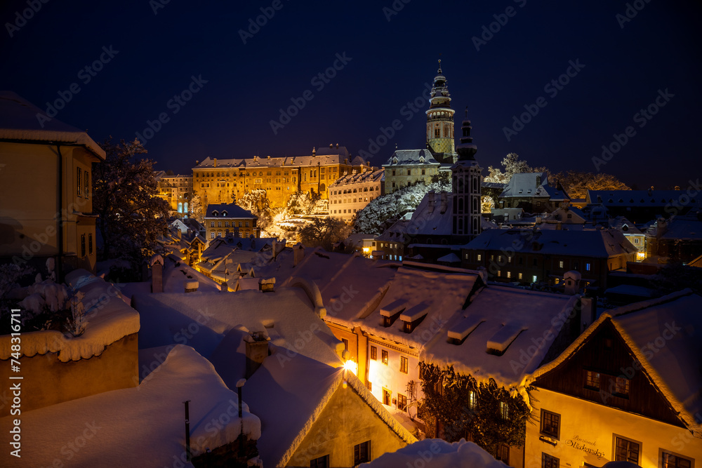 View of Czech Krumlov in winter, Czech Republic. Picturesque houses under the castle with snow-covered roofs. Narrow streets and the Vltava river. Travel and Holiday in Europe. UNESCO World Heritage.