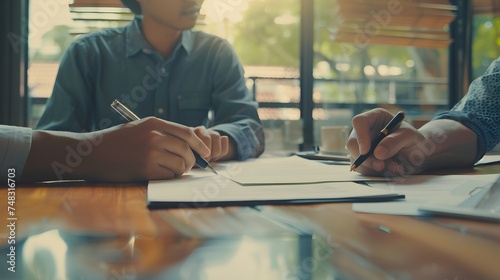 Business finance concept, teamwork and partnership asian businessman customer and salesman discussing client, hand sign sales contract with document at desk office. Lawyers working together at meeting photo