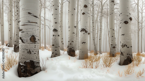 a forest filled with lots of tall white trees in the middle of a snow covered forest filled with lots of tall white trees. photo