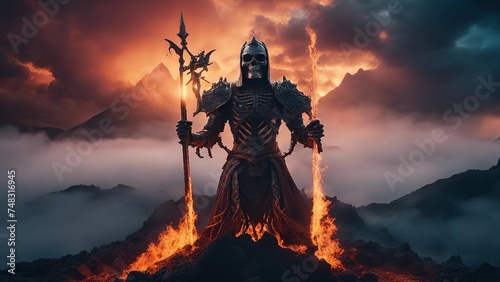 highly intricately photograph of Burning dragon demon skeleton knight over volcano 