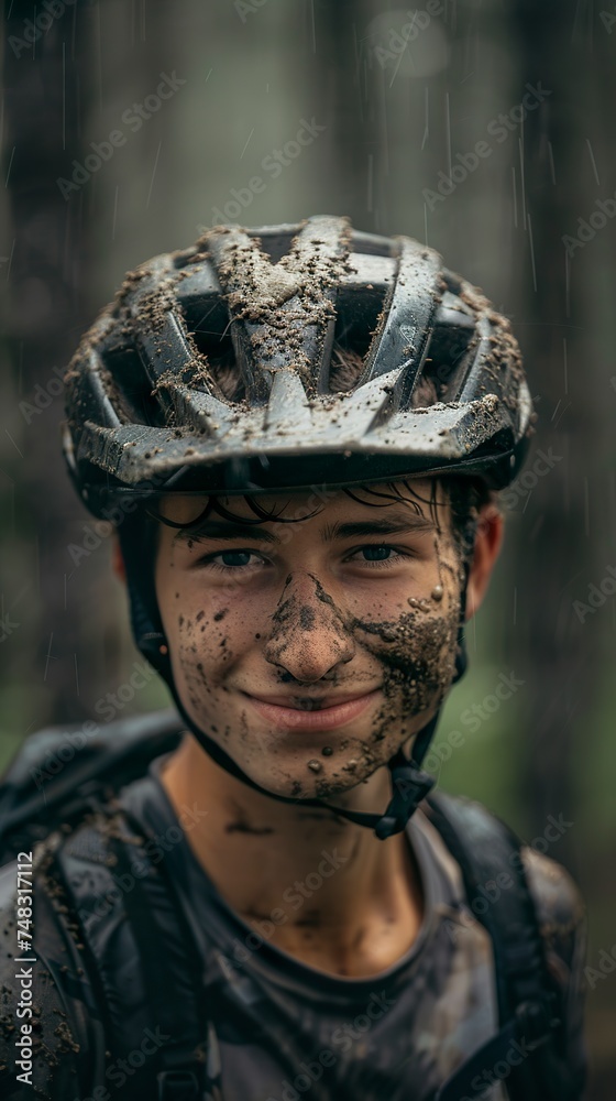 Fototapeta premium Iconic portrait of a smiling young motorcyclist with a face covered in mud on a rainy day. Biker portrait that captures the essence of off-road passion and freedom.