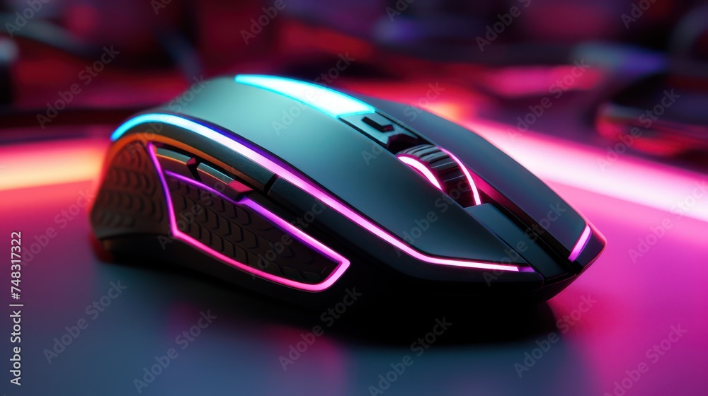 Gaming mouse on table with light background and blurred image.