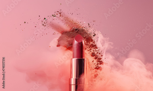 explosion of rose gold powder from makeup lipstick on pink background