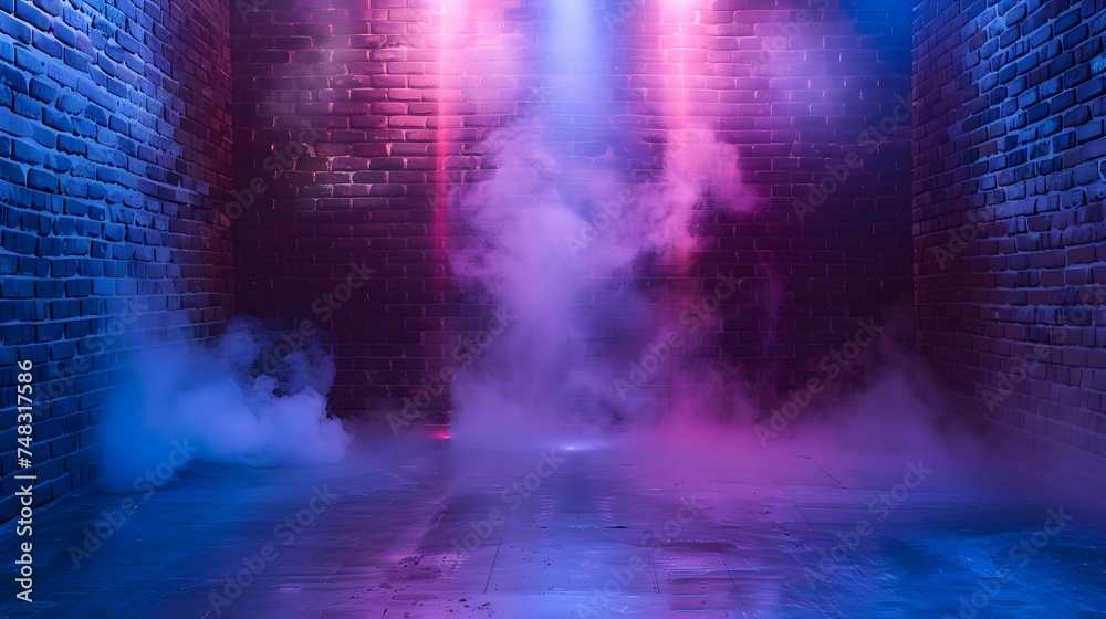 Brick wall texture pattern, blue, and purple background, an empty dark scene, laser beams, neon, spotlights reflection on the floor, and a studio room with smoke floating up for display products.