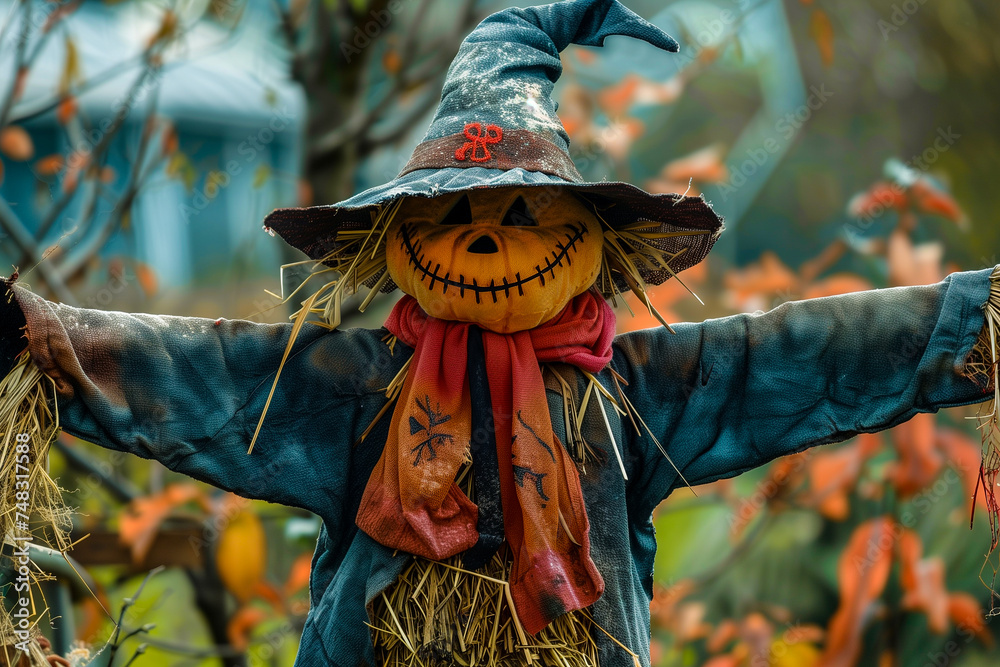 Spooky Halloween scarecrow with pumpkin head in the garden Spooky Halloween scarecrow with pumpkin head in the garden