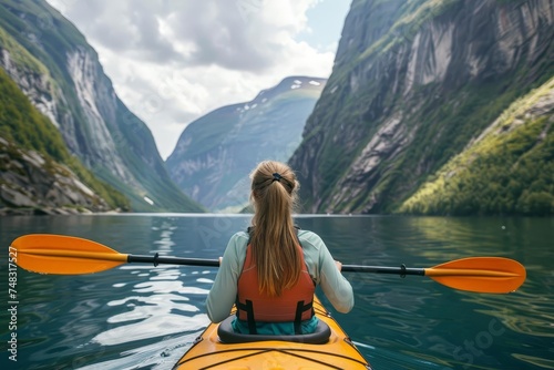 Rear view of a young woman paddling a kayak in serene waters Surrounded by breathtaking fjords Embodying adventure and tranquility © Bijac