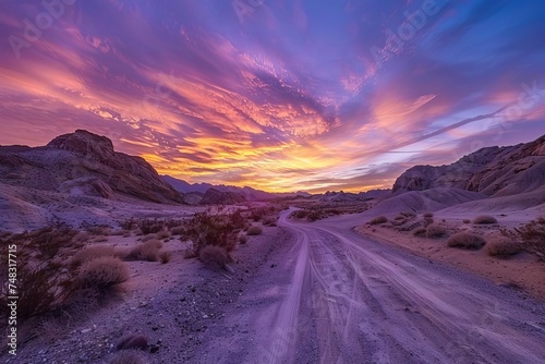 Scenic long exposure of a desert road leading towards a breathtaking sunset Creating a sense of adventure and exploration