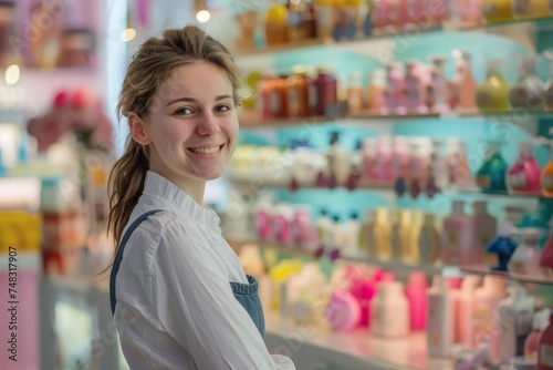 Smiling young saleswoman at a retail store Offering friendly customer service Standing in front of a colorful display of products