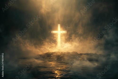 Symbolic representation of the holy cross with a divine light shining over golgotha Reflecting the themes of faith Redemption And the christian belief in resurrection