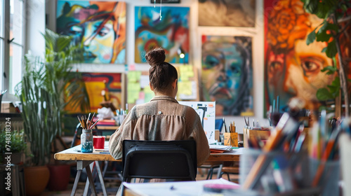 An artist sketching designs in a dedicated creative studio area of a coworking space, surrounded by art supplies, coworking spaces concept, blurred background, with copy space