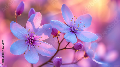 a close up of a bunch of flowers with a blurry background of pink and blue flowers in the foreground.