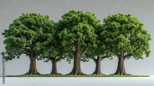 a group of three trees standing next to each other on top of a green grass covered field in front of a gray background.