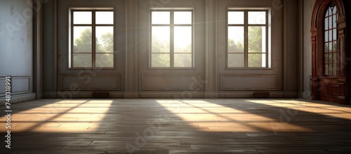 An empty room with abundant natural light streaming in through numerous windows. The room is devoid of furniture or decorations, showcasing the spaciousness and architectural design.