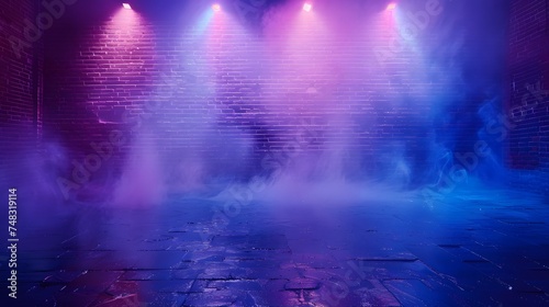 Brick wall texture pattern, blue, and purple background, an empty dark scene, laser beams, neon, spotlights reflection on the floor, and a studio room with smoke floating up for display products. © Ziyan