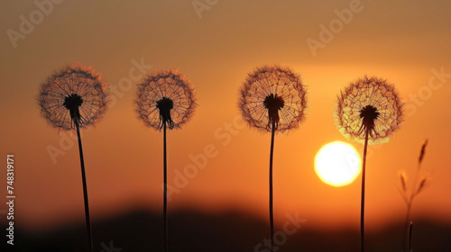 a group of dandelions with the sun setting in the backgroud of the backgroud of the backgroud.