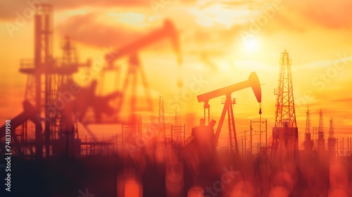 Silhouette of Oil pump rig, Oil and gas production, Oilfield site, and Pump Jack, Drilling derricks for fossil fuels output and crude oil production, War on oil prices, war crisis, blurred image