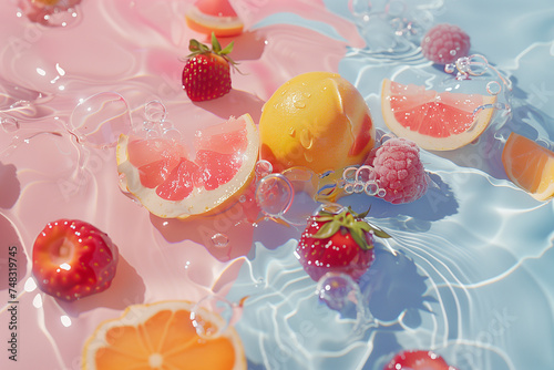 A dynamic and colorful composition capturing citrus fruit and berries amidst water splashes on a shiny surface. Summer concept.