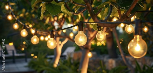 outdoor light string hanging on a tree with green leaves