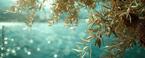 olive branch hangs between a tree and the ocean