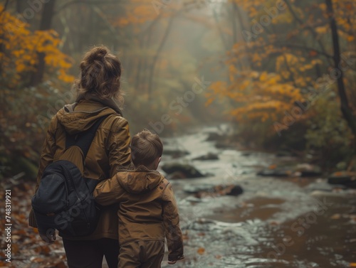 Autumn Adventure: Mother and Child by the Forest Stream