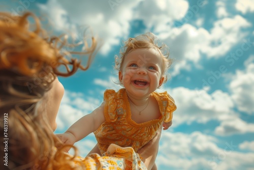 Joyful Toddler in Yellow Dress Under Blue Sky