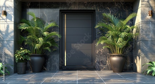 modern door of a modern house with potted plants