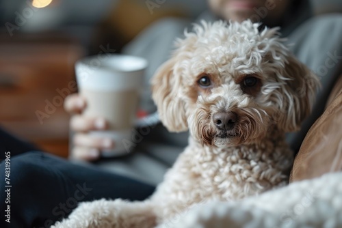 man sitting holding coffee cup with dog