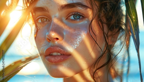 her face moisturized in front of a palm tree